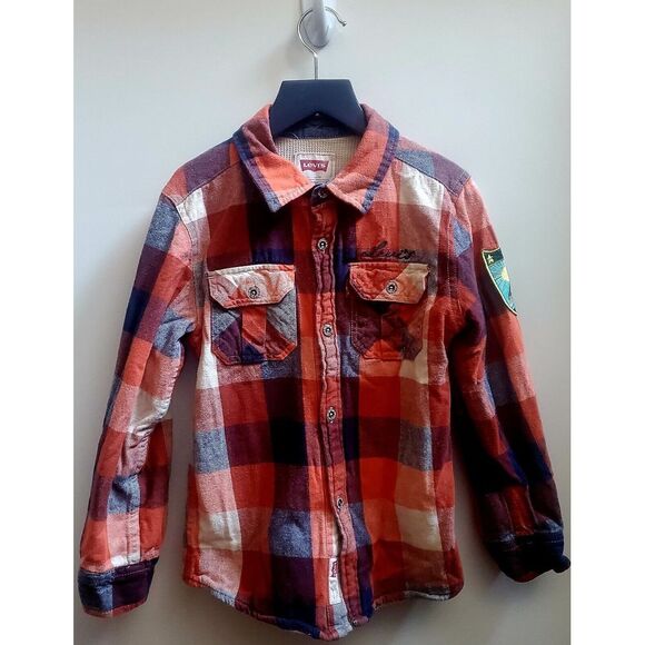 LEVI'S Plaid Shacket Lined Boy's SZ 7LG Orange/Blue/Ivory 6-7 YRS Embroid Patch - Picture 1 of 15